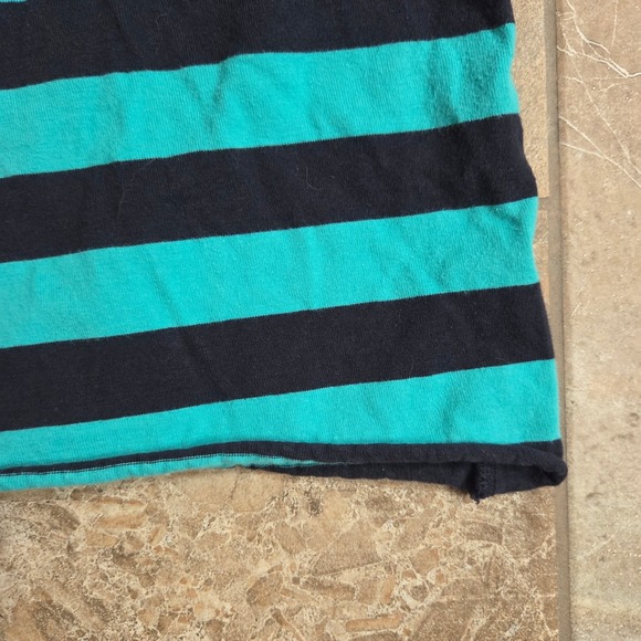 HUF Womens Striped Cropped T Shirt Teal Black Logo XL Raw Edge - Picture 5 of 5